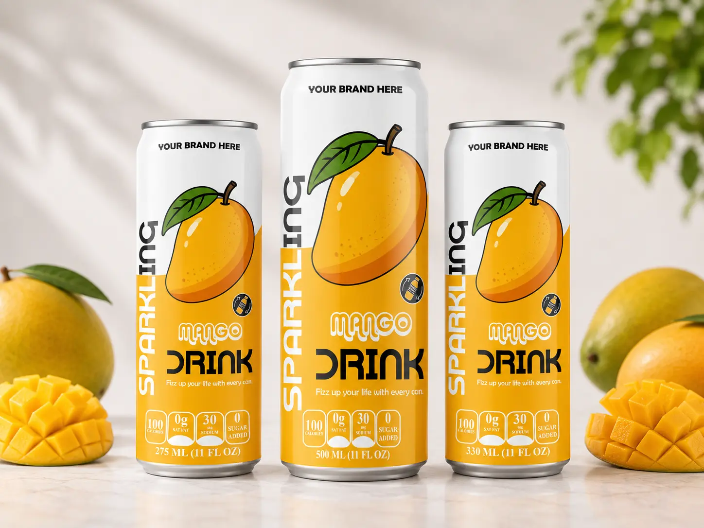 SPARKLING DRINK Mango Flavored Drink in 275ml, 500ml, and 330ml cans.